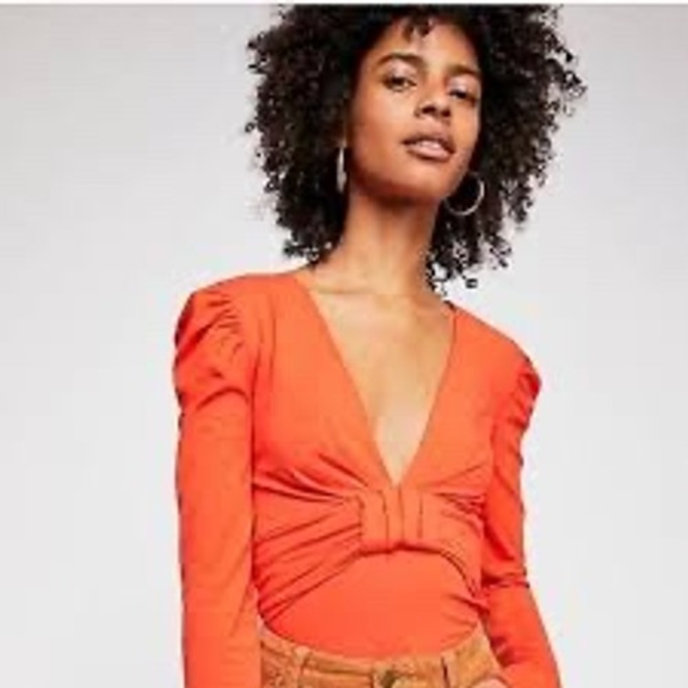 Free People Womens Orange Knotted Front Deep V-Neck Puff Sleeve Top Large
